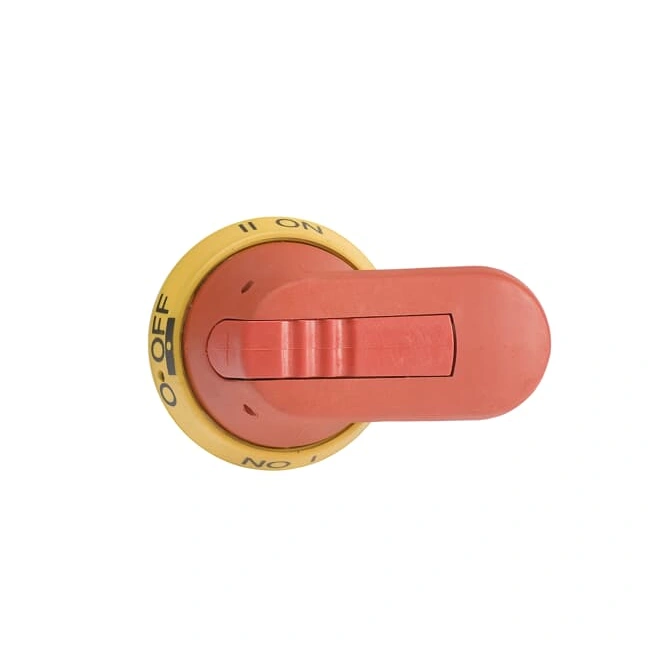 OHY65J6E011 Rączka żółto-czerwona IP65, długość 65mm, na wałek 6mm, oznaczenie: I-0-II, blokada kłódkowa w pozycji 0, blokada o