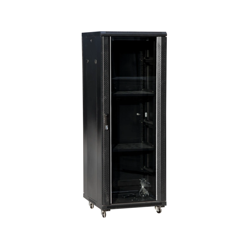 Szafa teleinformatyczna 19" 42U 600x800, drzwi przednie szklane, drzwi tylne stalowe pełne, zamek, 4 belki nośne, 4 regulowane stopki, do samodzielnego montażu, kolor czarny