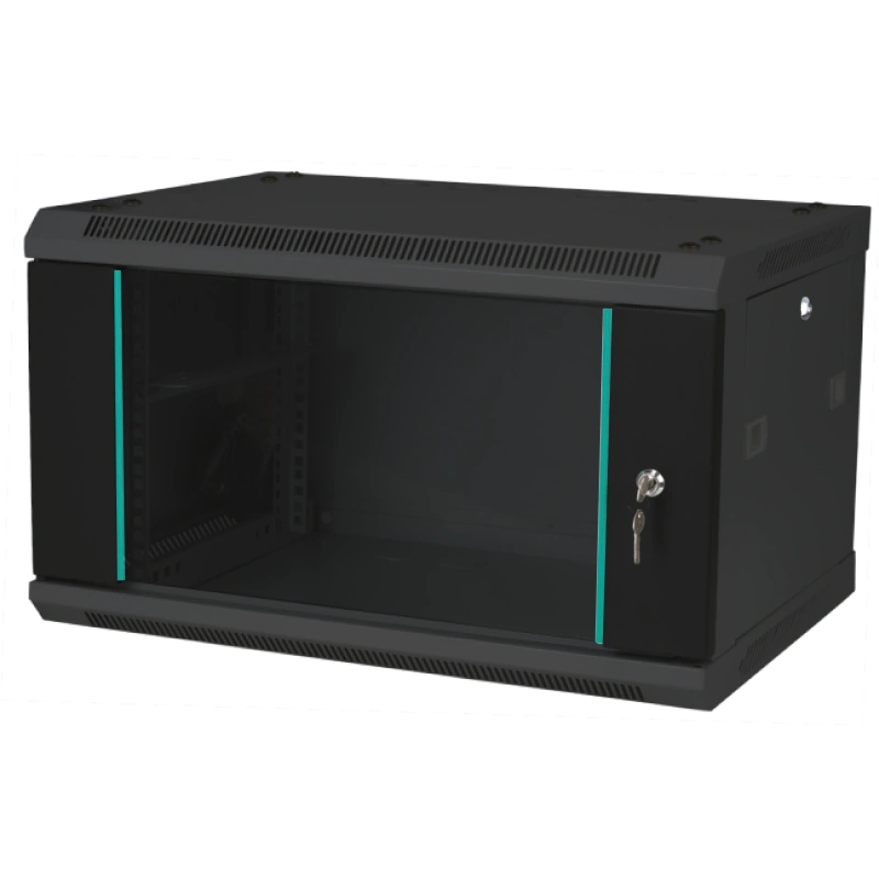Szafka rack wisząca 19" 4U 600x450, niedzielona, drzwi szklane jednoskrzydłowe, tył osłona pełna, osłony boczne zamykane na klucz, kolor czarny FLAT PACK Q-LANTEC