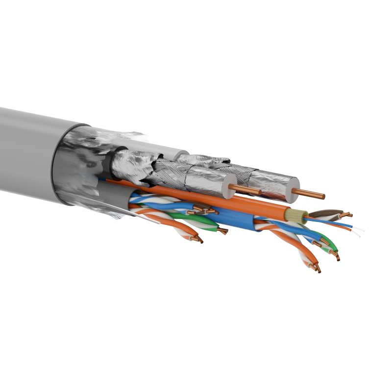 Multi-kabel Q-LANTEC Multimedia 2 x UTP kat.5E + 2 x RG6 + 2 x FO G657A1, PVC, szary 500m