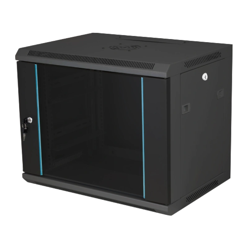 Szafka rack wisząca 19" 12U 600x450, niedzielona, drzwi szklane jednoskrzydłowe, tył osłona pełna, osłony boczne zamykane na klucz, kolor czarny FLAT PACK, Q-LANTEC SW-12U-600-450-N-DSJ-OP-RP-F-C-1