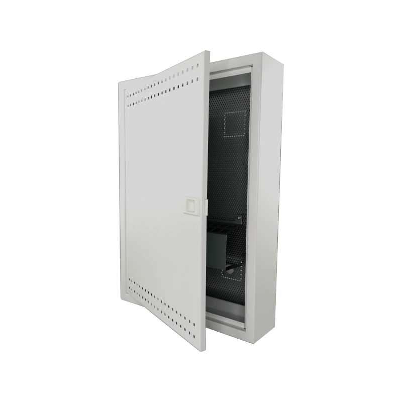 Szafka mieszkaniowa, teletechniczna, FTTH 500x350x90, natynkowa, drzwi perforowane, 1 x gn. elektryczne, 14 x gn. Keystone ALANTEC