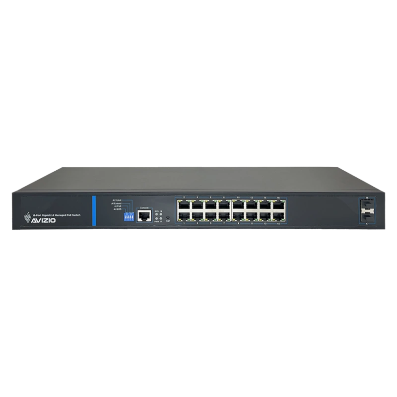 Zarządzalny przełącznik L2 (switch) 16 portów RJ45 PoE+ 1Gb/s + 2 porty SFP Uplink 1Gb/s (budżet mocy 150W) + 1 port konsolowy RJ45 AVIZIO