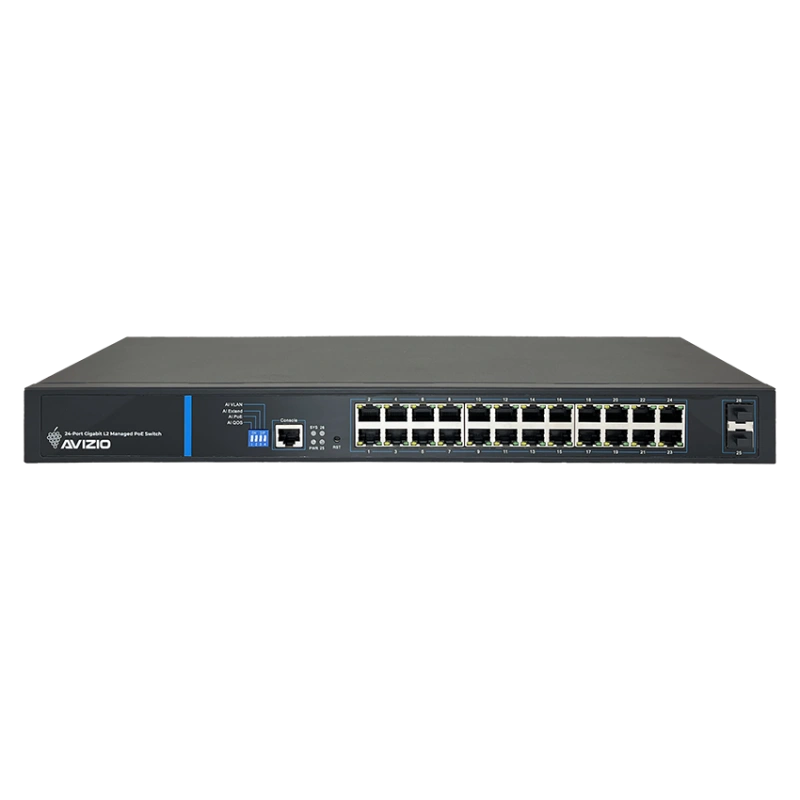 Zarządzalny przełącznik L2 (switch) 24 porty RJ45 PoE+ 1Gb/s + 2 porty SFP Uplink 1Gb/s + 1 port konsolowy RJ45 (budżet mocy 250W) AVIZIO