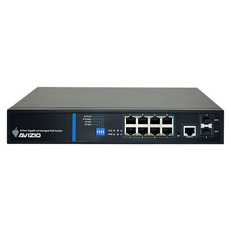 Zarządzalny przełącznik L2 (switch) 8 portów RJ45 PoE+ 1Gb/s + 2 porty SFP Uplink 1Gb/s + 1 port konsolowy RJ45 (budżet mocy 150W) AVIZIO
