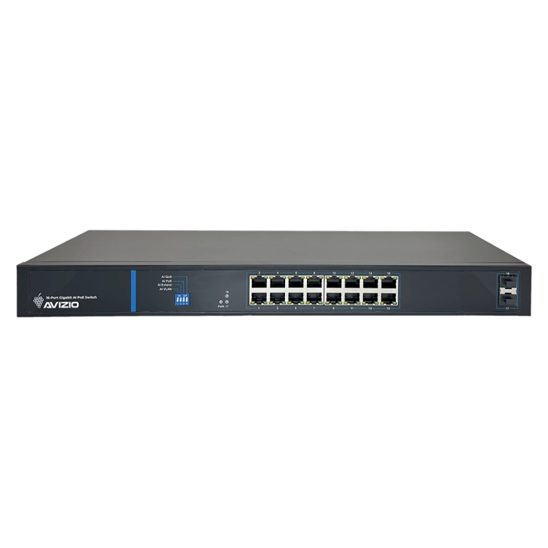 Niezarządzalny przełącznik (switch) 16 portów RJ45 PoE+ 1Gb/s + 2 porty SFP Uplink 1Gb/s (budżet mocy 150W) AVIZIO