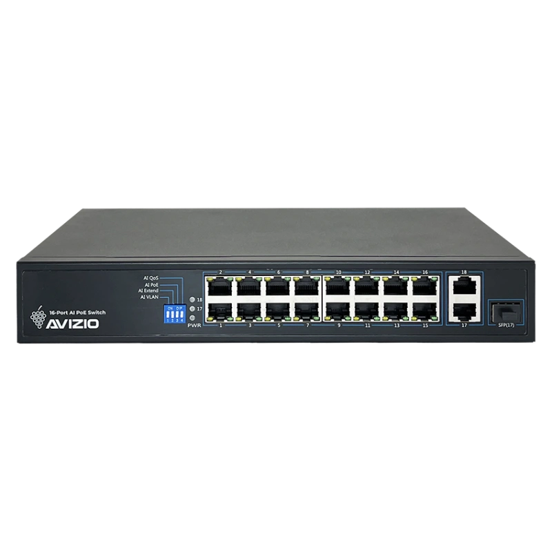 Niezarządzalny przełącznik (switch) 18xRJ45 - 16 portów RJ45 PoE+ 100Mb/s + 2 porty RJ45 Uplink 1Gb/s (budżet mocy 150W) AVIZIO