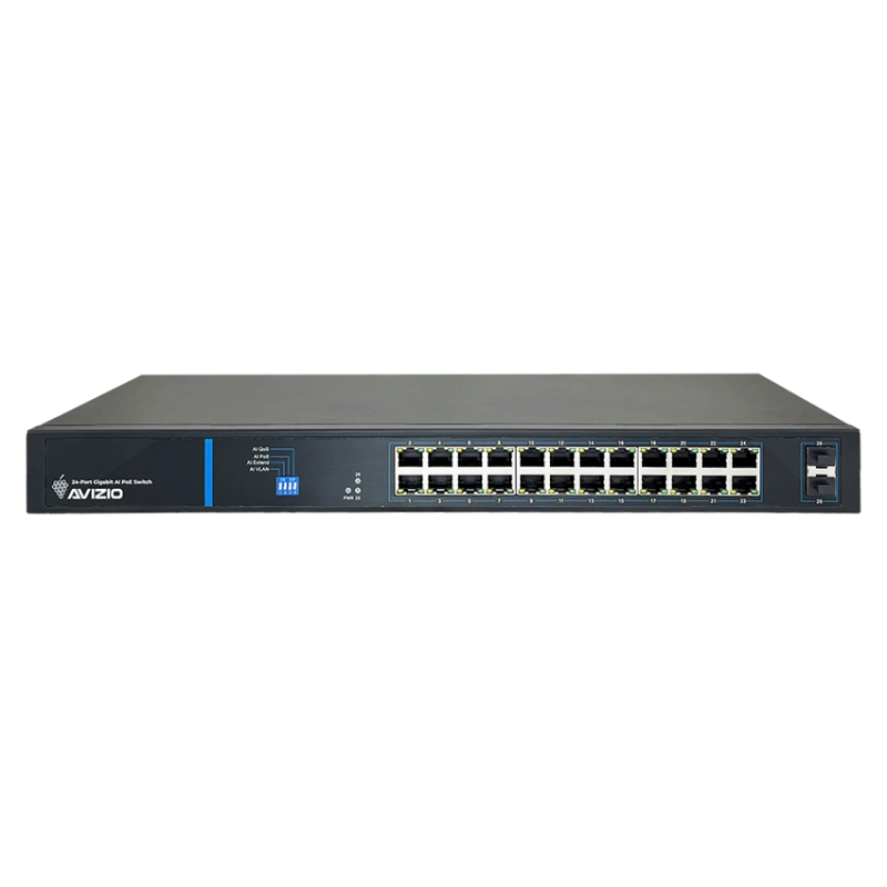 Niezarządzalny przełącznik (switch) 24 porty RJ45 PoE+ 1Gb/s + 2 porty SFP Uplink 1Gb/s (budżet mocy 250W) AVIZIO