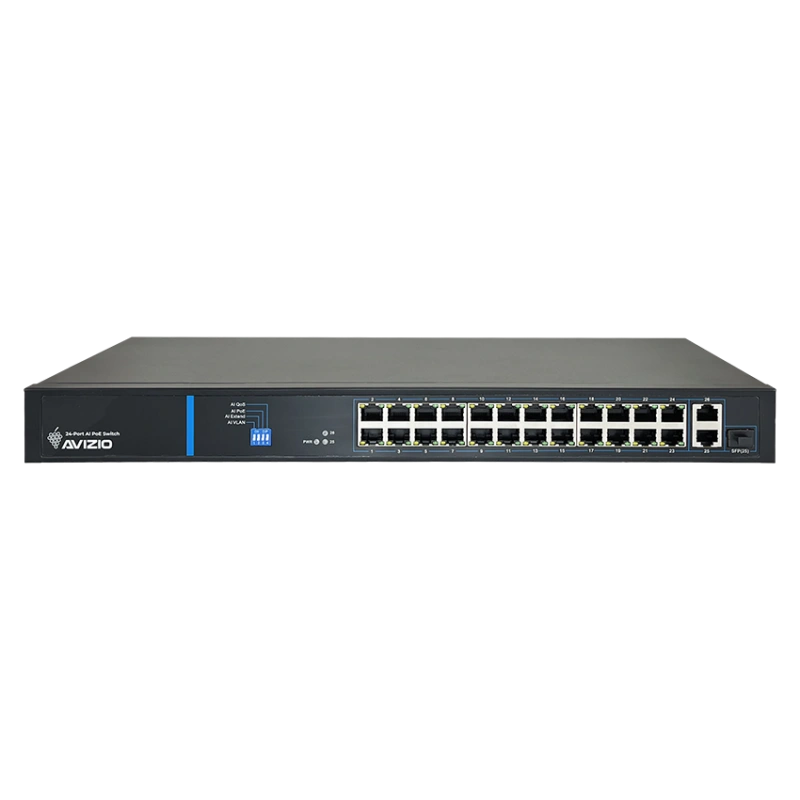 Niezarządzalny przełącznik (switch) 24 porty RJ45 PoE+ 100Mb/s + 2 porty RJ45 Uplink 1Gb/s (budżet mocy 250W) AVIZIO