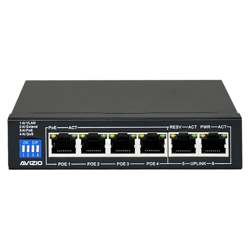 Niezarządzalny przełącznik (switch) 6xRJ45 - 4 porty RJ45 PoE+ 100Mb/s + 2 porty RJ45 Uplink 100Mb/s (budżet mocy 60W) AVIZIO