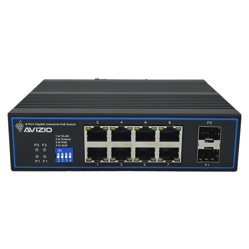 Niezarządzalny przełącznik przemysłowy (switch) 10xRJ45 - 8 portów RJ45 PoE+ 1Gb/s + 2 porty SFP Uplink 1Gb/s (budżet mocy 96W) AVIZIO