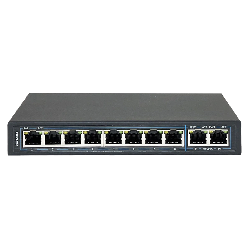 Niezarządzalny przełącznik (switch) 10xRJ45 - 8 portów RJ45 PoE+ 1Gb/s + 2 porty RJ45 Uplink 1Gb/s (budżet mocy 96W) AVIZIO