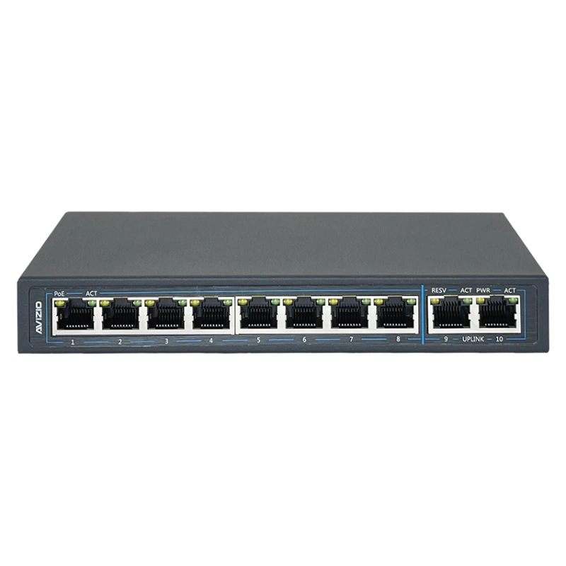 Niezarządzalny przełącznik (switch) 10xRJ45 - 8 portów RJ45 PoE+ 100Mb/s + 2 porty RJ45 Uplink 1Gb/s (budżet mocy 96W) AVIZIO