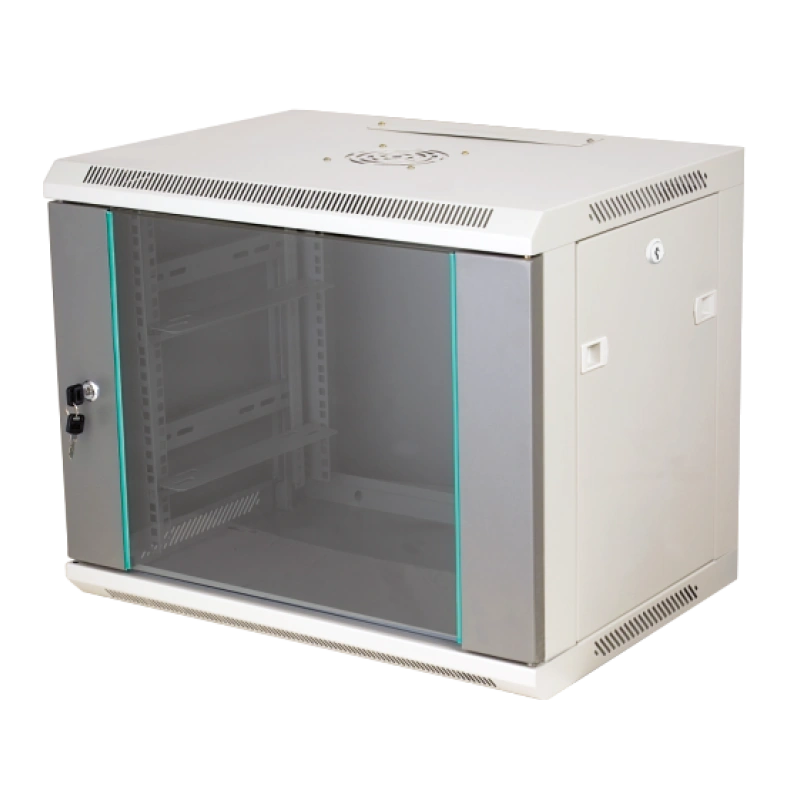 Szafa wisząca 19" 9U 600x450, niedzielona, drzwi szklane jednoskrzydłowe, tył osłona pełna, osłony boczne zamykane na klucz, kolor szary FLAT PACK, Q-LANTEC