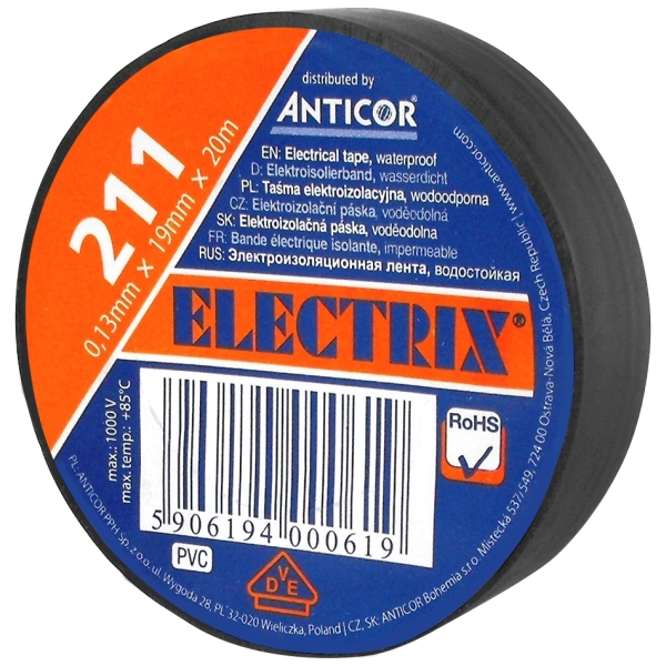 ELECTRIX 211 taśma elektroizolacyjna 0,13mm x 19mm x 20m czarna