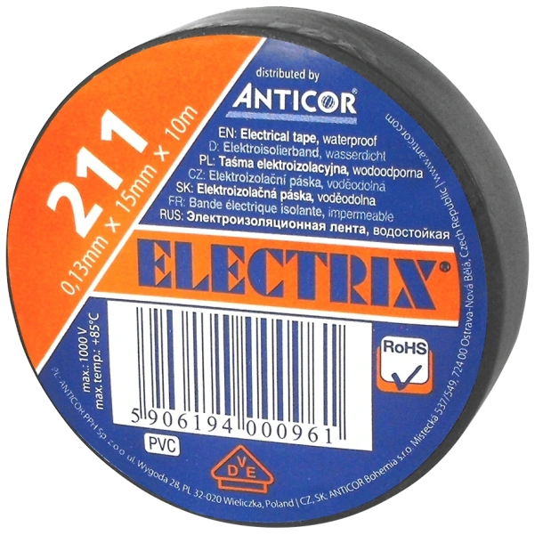 ELECTRIX 211 taśma elektroizolacyjna 0,13mm x 15mm x 10m czarna