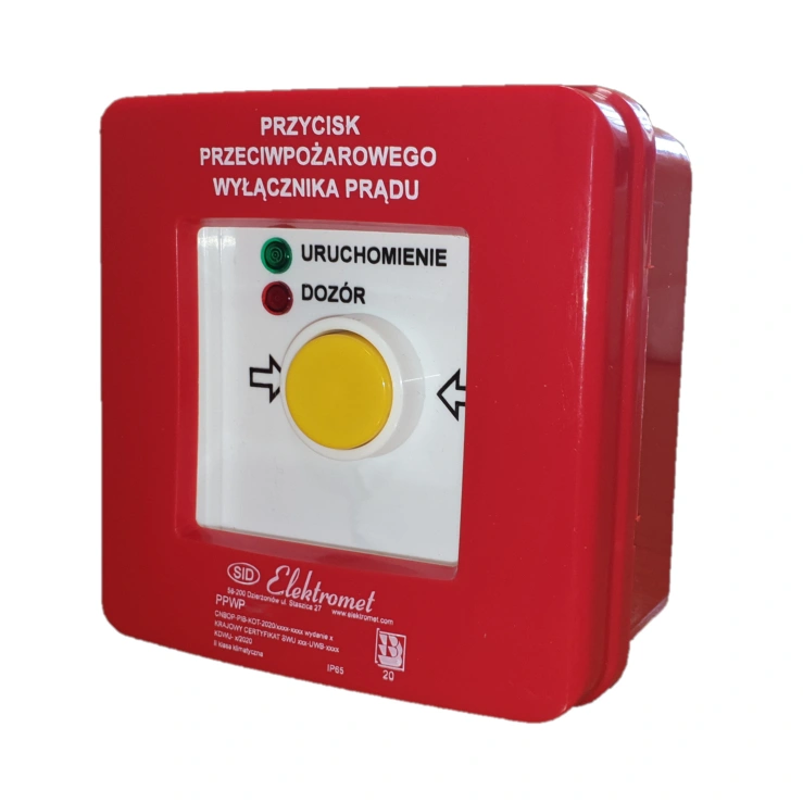 przycisk przeciwpożarowego wyłącznika prądu PPWP-1s A/4 2 tory prądowe 12A NC-NO, natynkowy, samoczynny diody czerw/ziel 230V AC/230V AC