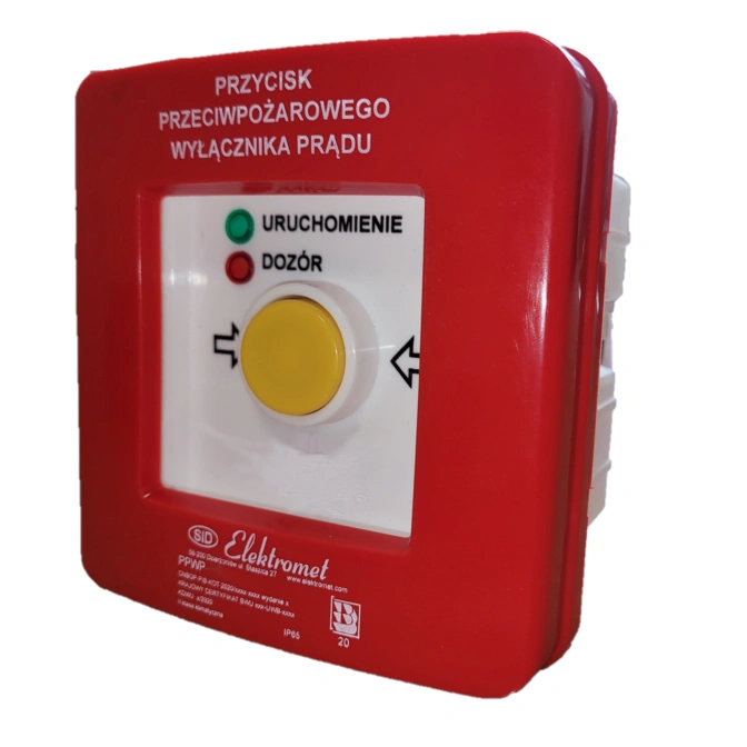 przycisk przeciwpożarowego wyłącznika prądu PPWPp-1s A/4 2 tory prądowe 12A NC-NO, podtynkowy, samoczynny diody czerw/ziel 230V AC/230V AC