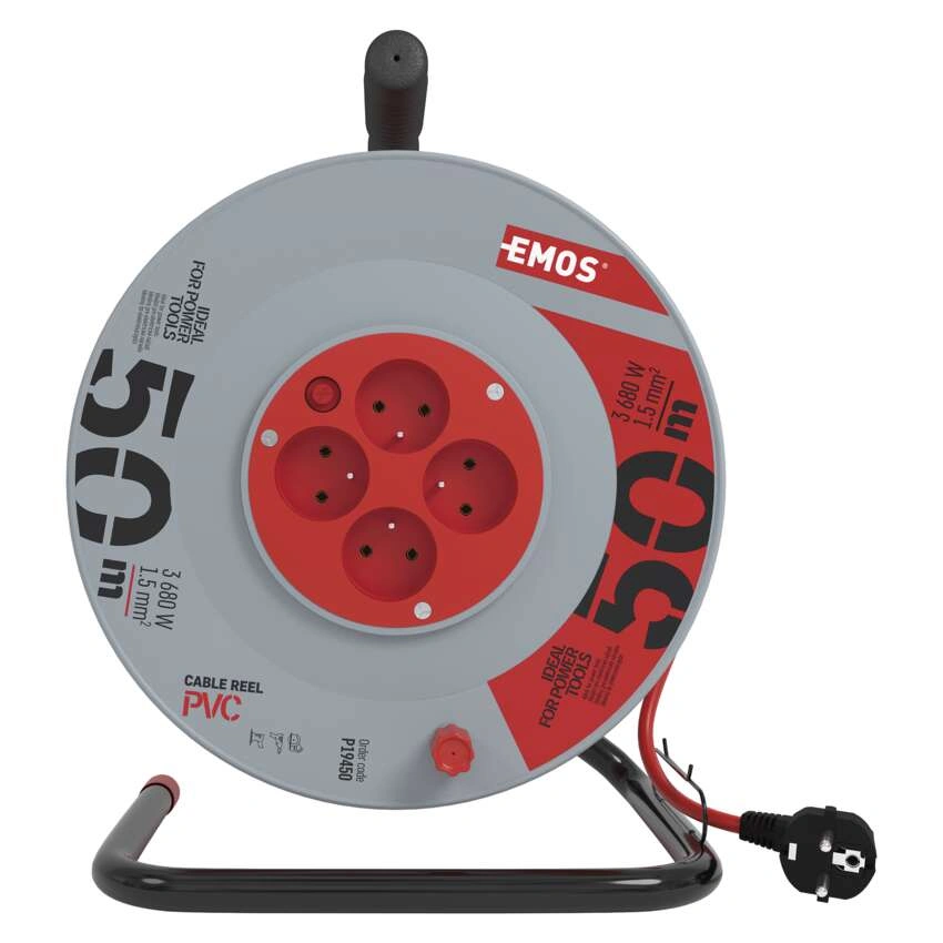 Przedłużacz zwijany 50m / 4 gniazda / czerwony / PVC / 230V / 1,5mm2