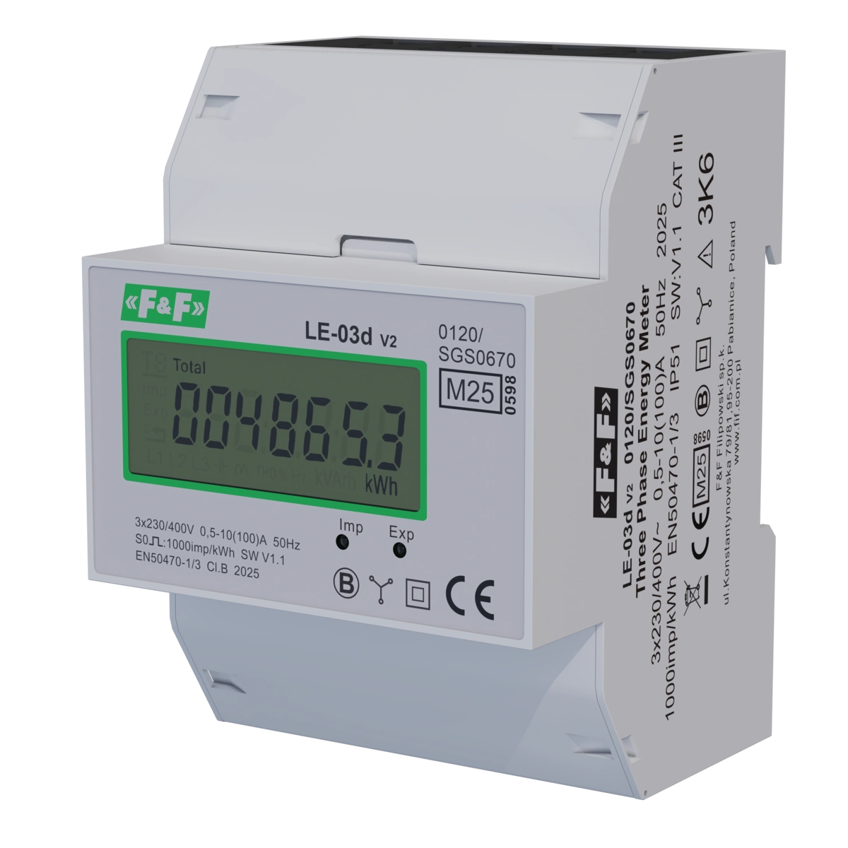 Licznik energii 3-faz. 3x230V/400 7-mod. szyna wyświetlacz LCD F&F 100A