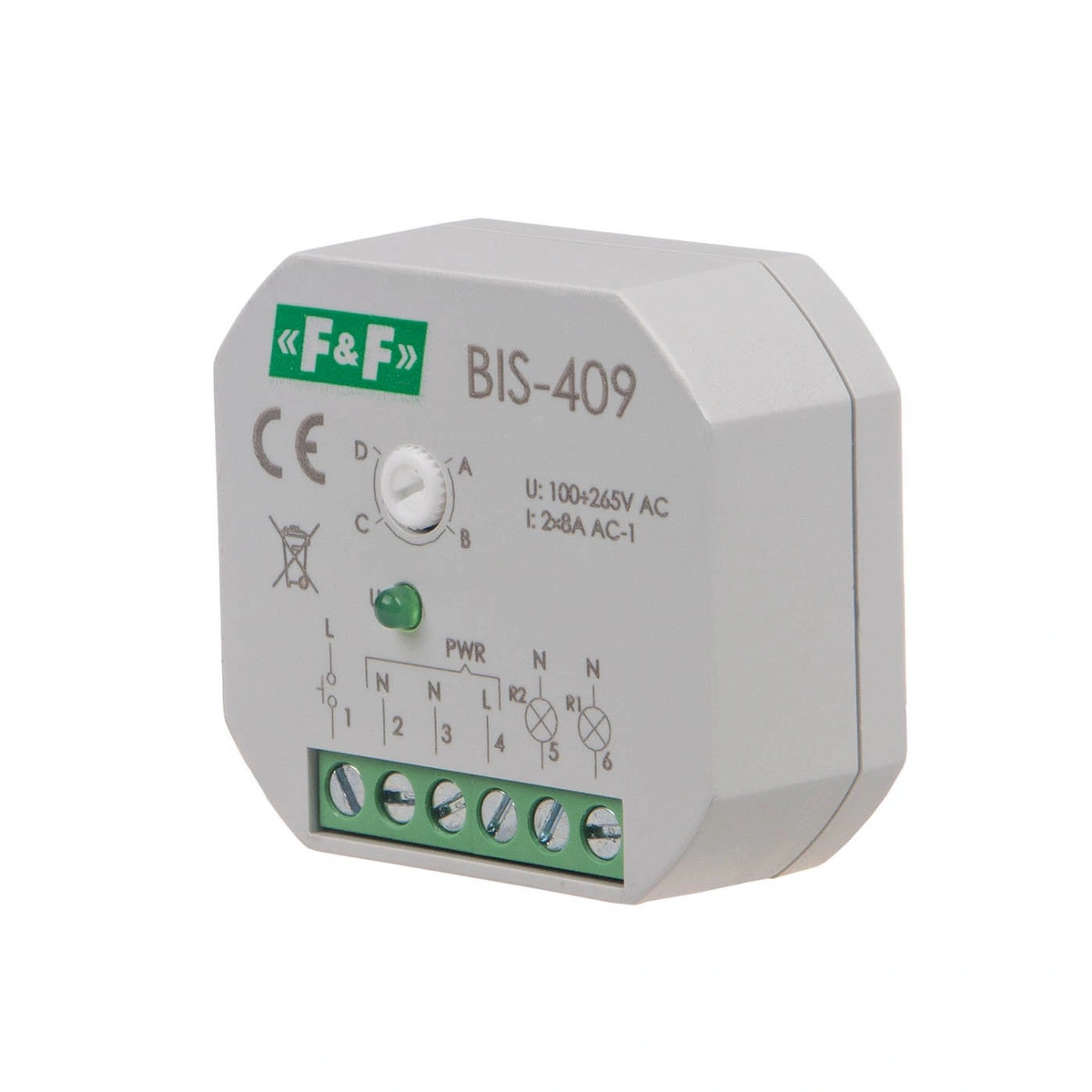 Przekaźnik bistabilny sekwencyjny 4-funk., Un=230V, I=2x8A, styk 2x1Z, montaż w puszce podtynkowej O60