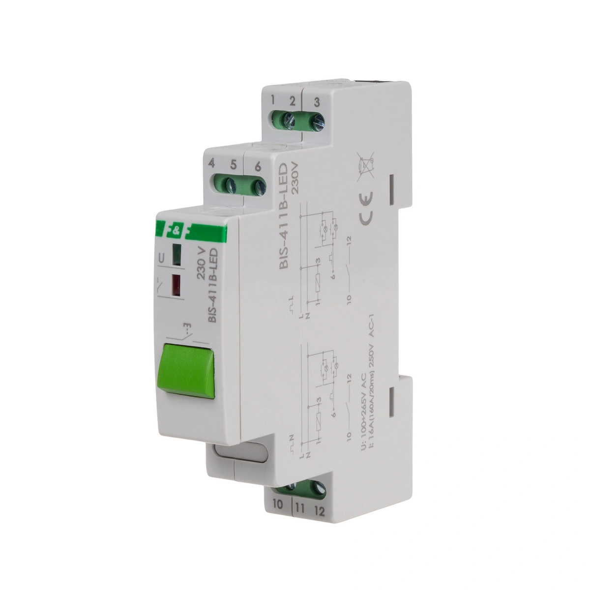 Przekaźnik bistabilny BIS-411B-LED z przyciskiem do sterowania ręcznego, na szynę DIN, z przekaźnikiem inrush 160A/20ms