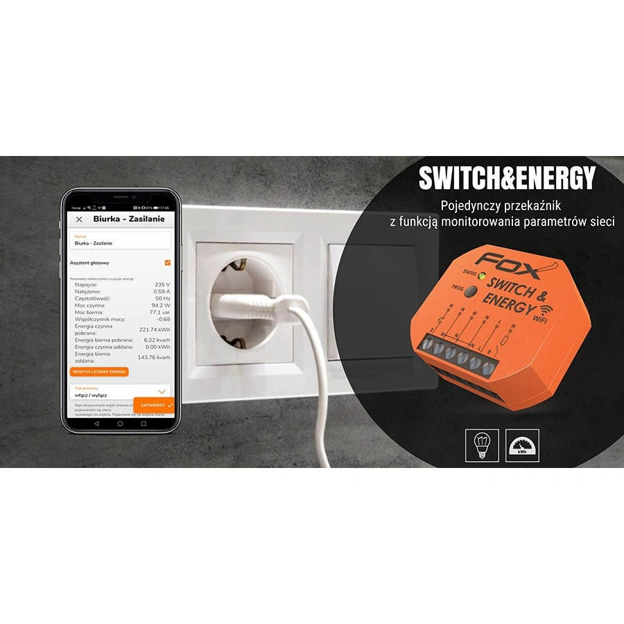 SWITCH & ENERGY Pojedynczy przekaźnik Wi-Fi 230V z funkcją monitorowania parametrów sieci