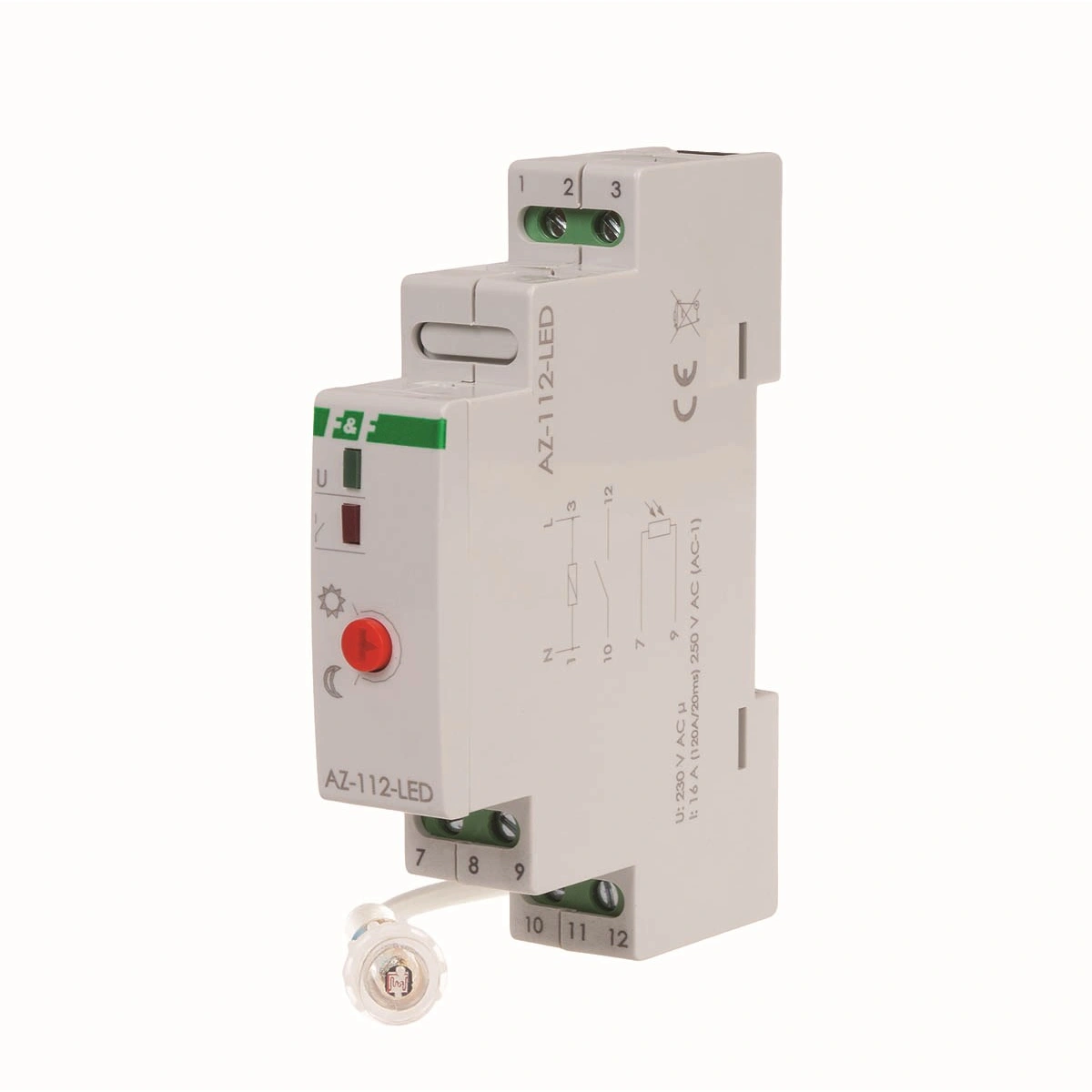 Automat zmierzchowy AZ-112-LED na szynę z zewnętrzną sondą, przekaźnik InRush16 A (160 A/20 ms)