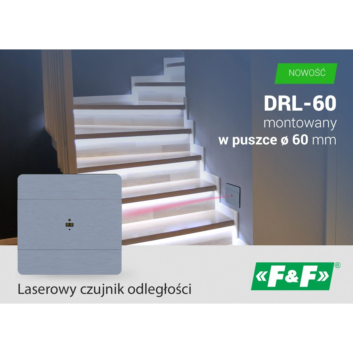 Laserowy czujnik odległości DRL-60-12-1 biały, do puszki o60 czujnik ruchu do sterownia oświetleniem na schodach i korytarzach