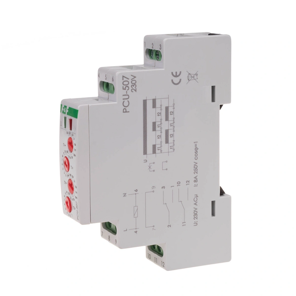 Przekaźnik czasowy PCU-507 wielofunkcyjny, dwa niezależne czasy T1 i T2, styki: 2P, U=230V lub 24V, I=2x8A, 1 moduł