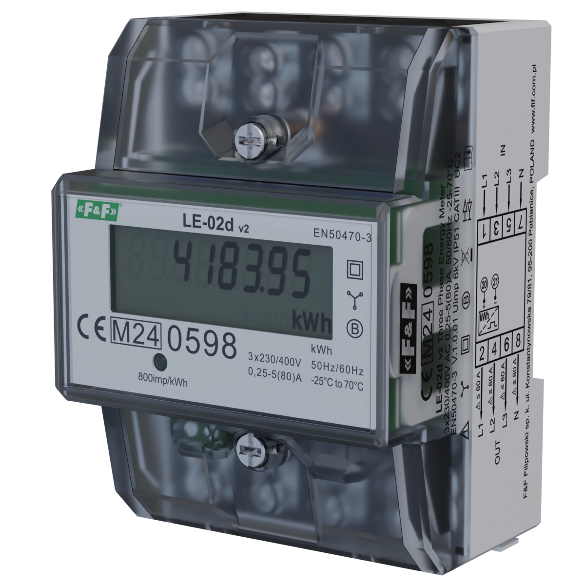 Licznik energii elektr. trójfazowy, wyśw. LCD, kl.1, 3x230,400V, 3x5(63A) obudowa 5 mod.