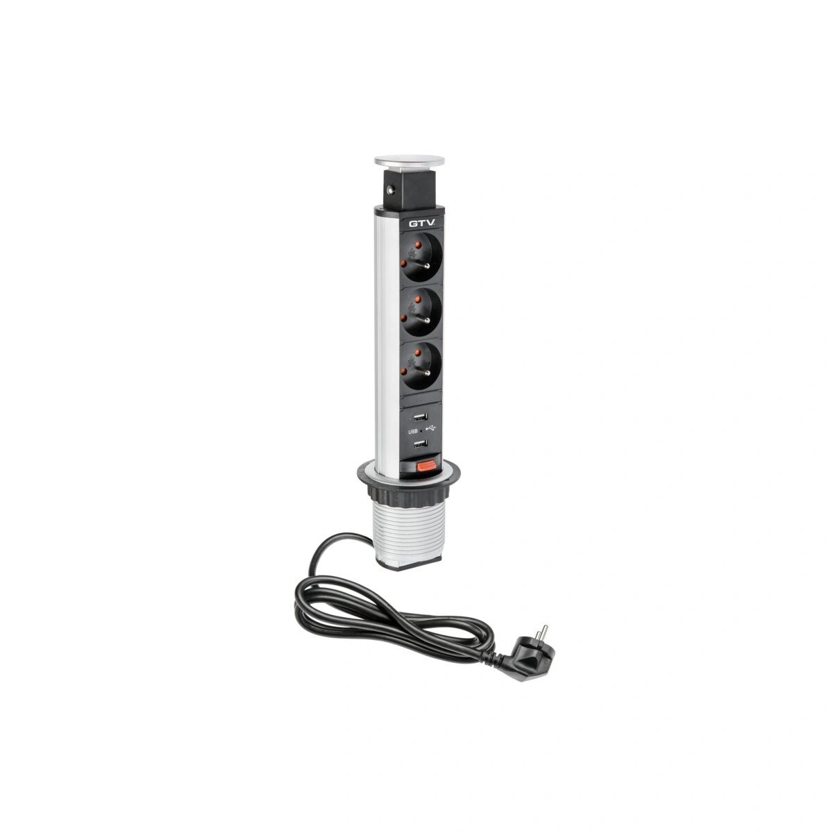 Przedłużacz biurkowy wpuszczany 60mm 3x(2P+Z) + 2xUSB 2.1A 5V, srebrny [z przewodem z wtyczką 1,5mb]