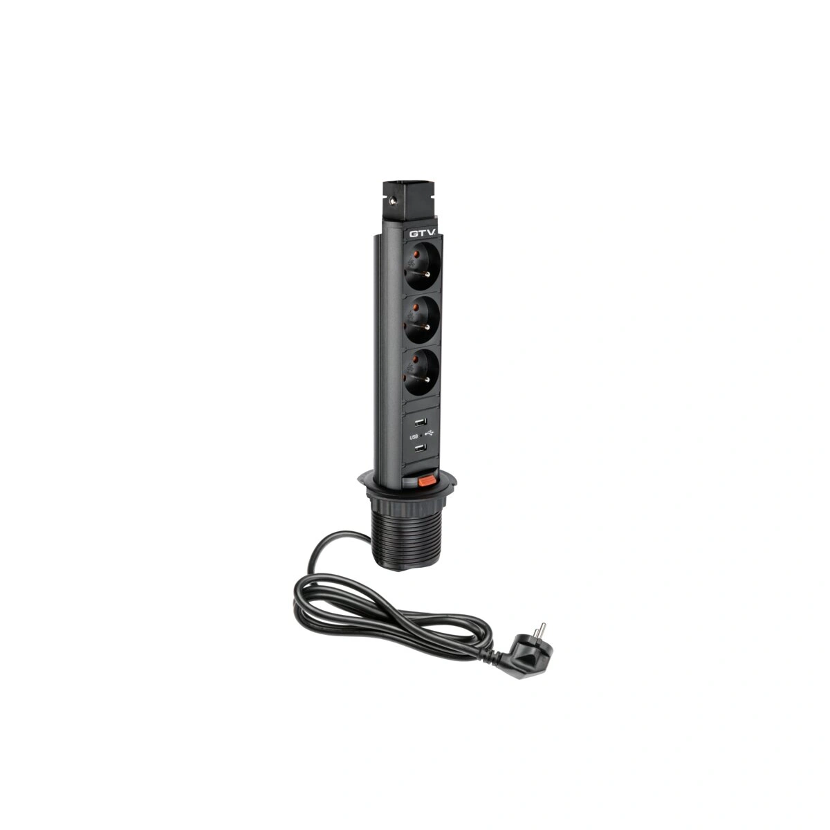 Przedłużacz biurkowy wpuszczany 60mm 3x(2P+Z) + 2xUSB 2.1A 5V, czarny [z przewodem z wtyczką 1,5mb]