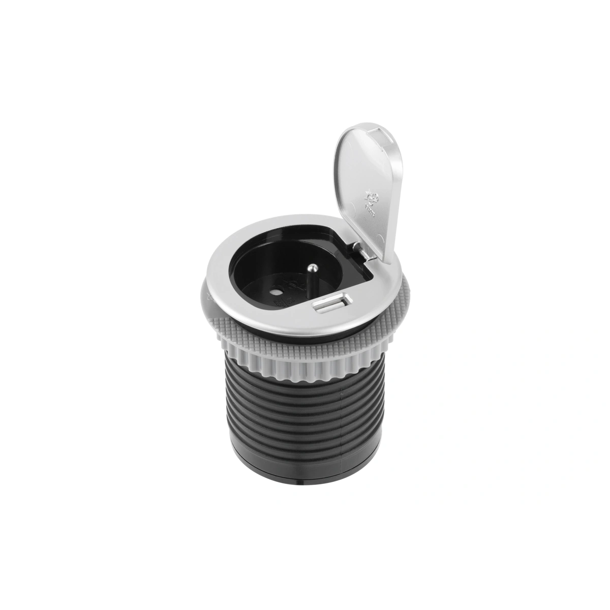 Przedłużacz biurkowy wpuszczany CHARGER MINI 60mmm 1x(2P+Z), USB, aluminium [z przewodem z wtyczką 1,9mb]