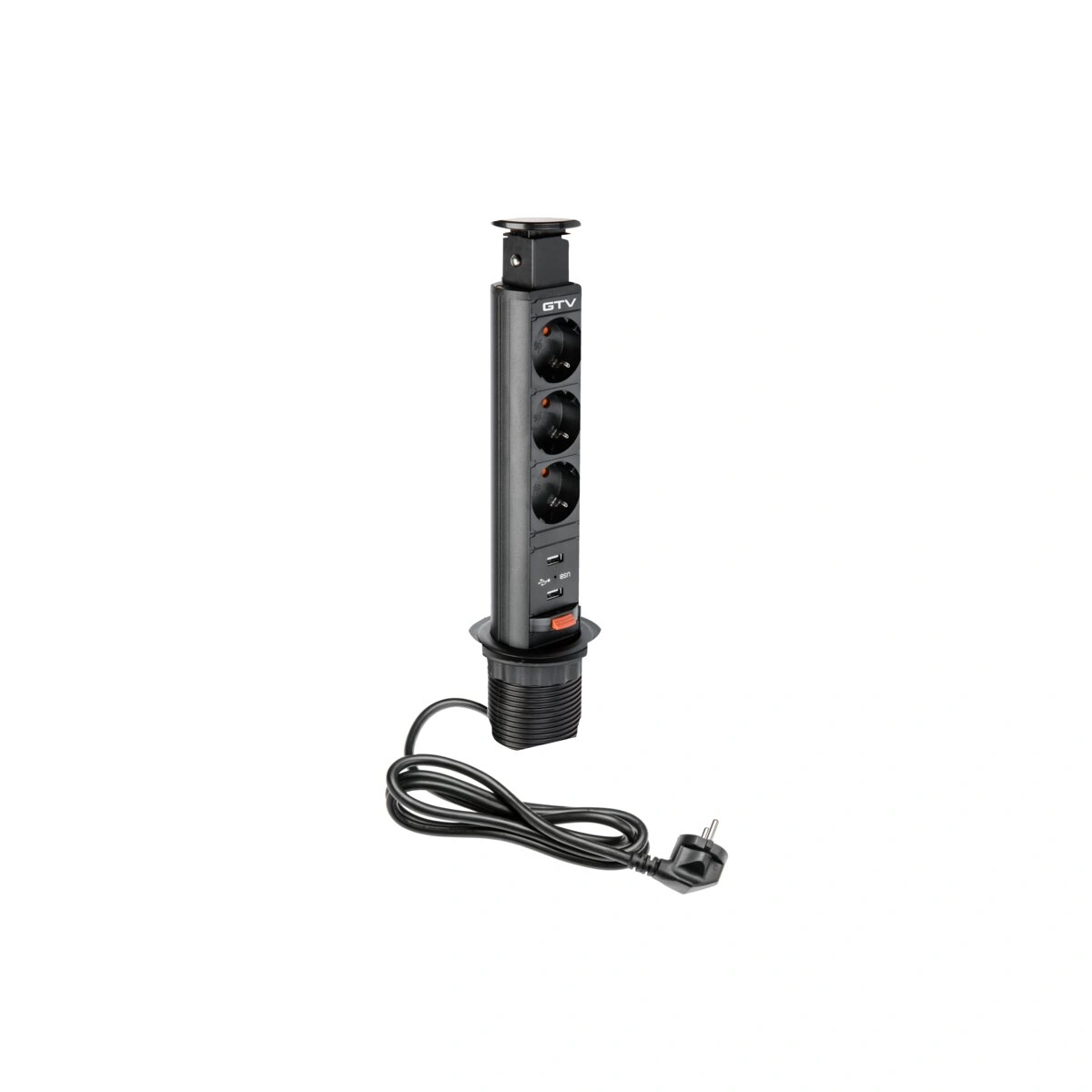 Przedłużacz biurkowy kolumnowy wpuszczany 3xSCHUKO+2xUSB IP20, czarny [śr.60mm] [z przewodem z wtyczką 1,5mb]