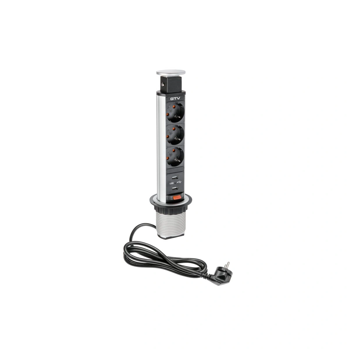 Przedłużacz biurkowy kolumnowy wpuszczany 3xSCHUKO+2xUSB IP20, srebrny [śr.60mm] [z przewodem z wtyczką 1,5mb]