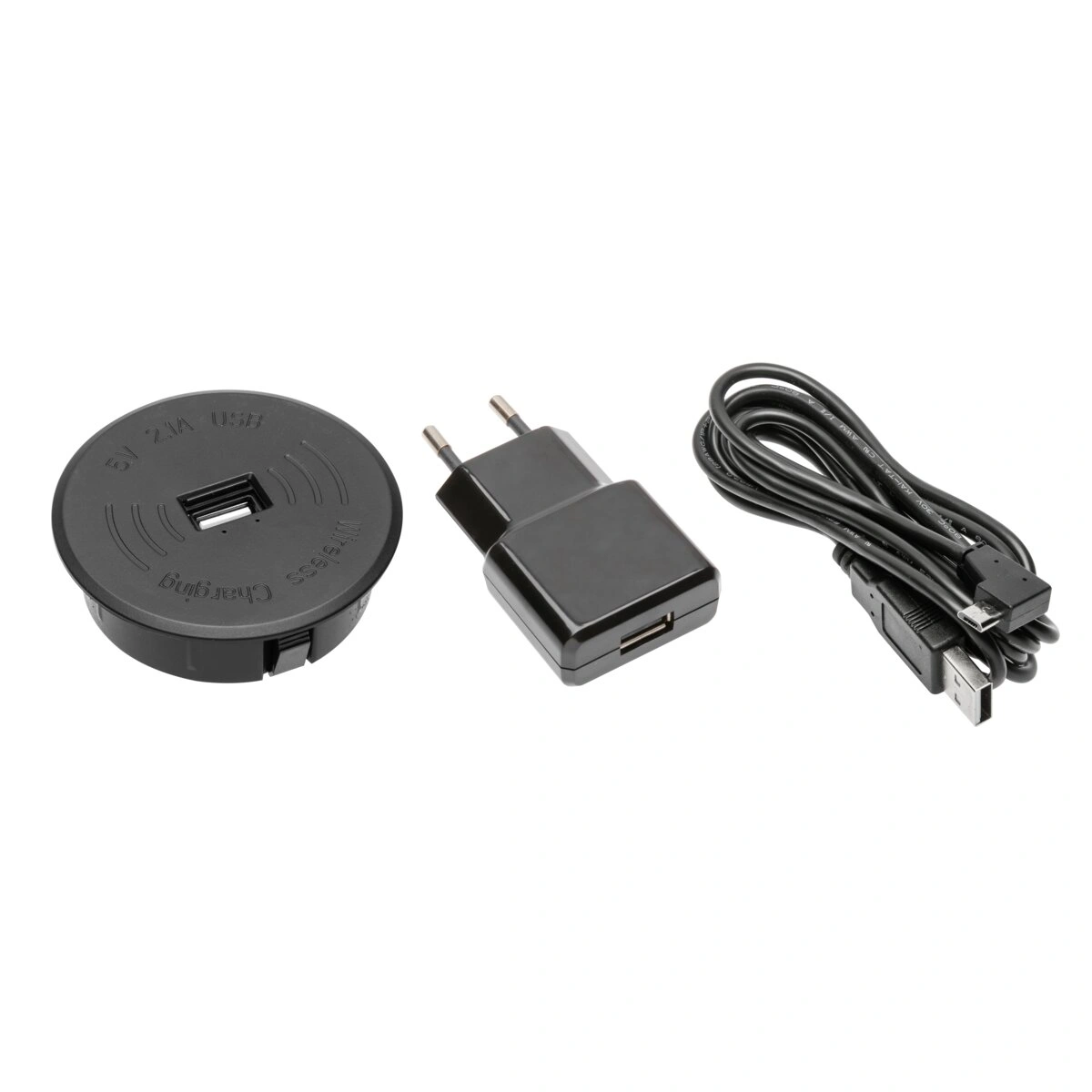 zestaw ładowarka bezprzewodowa z wbudowanym gniazdem USB z zasilaczem w komplecie, czarny [przewód 2m]
