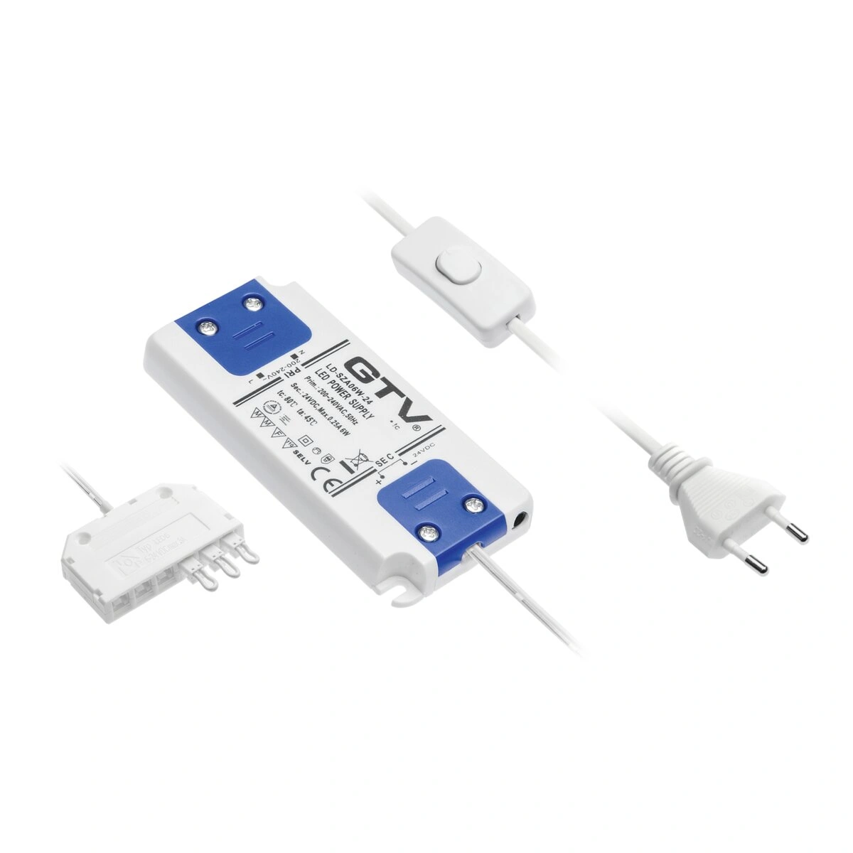 zasilacz LED 24V 6W 0,25A IP20 [kabel zasilający z wtyczką i wyłącznikiem, wyjście ze złączką MINI AMP]