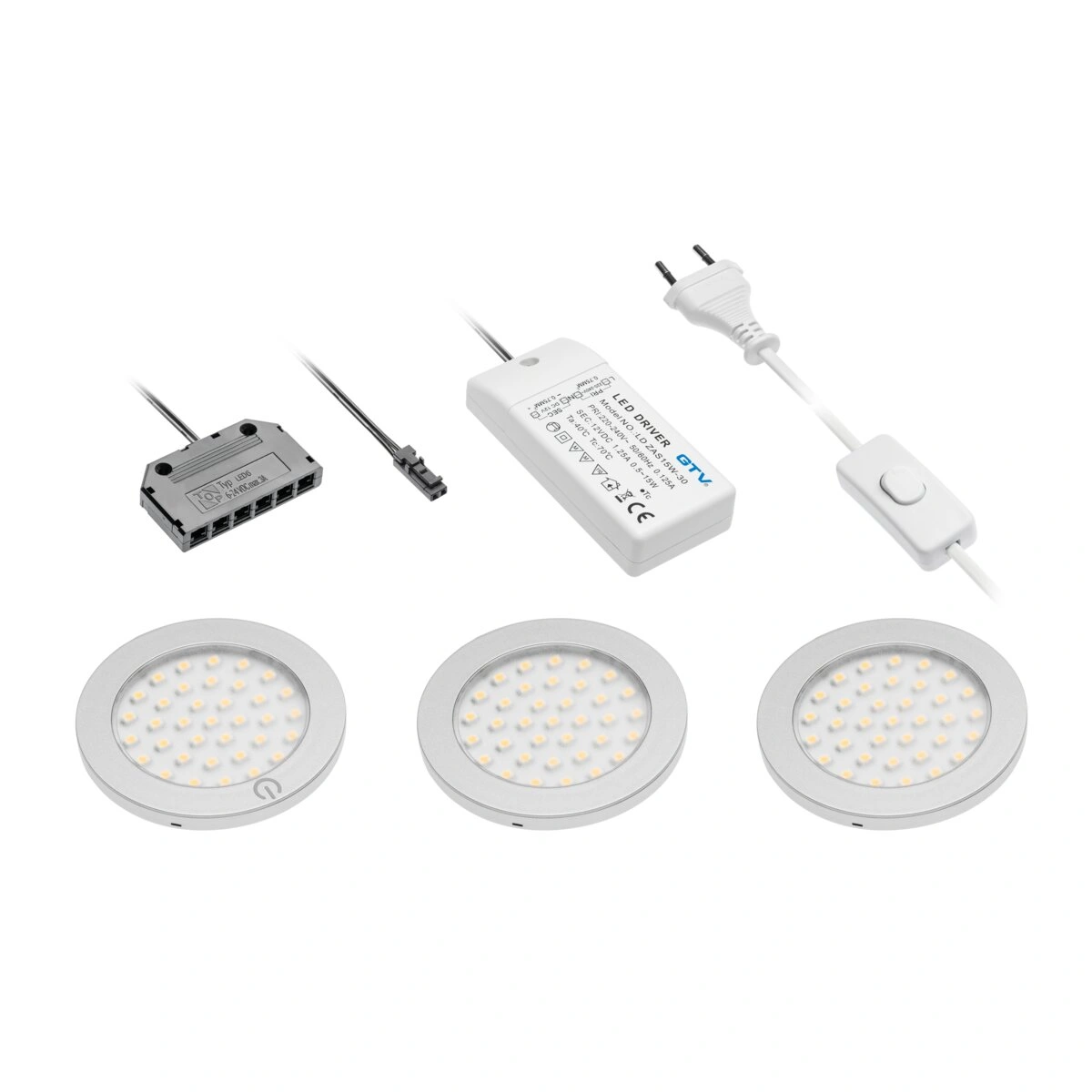 zestaw 3 opraw CASTELLO, pierwsza z wyłącznikiem, z zasilaczem 12W 12VDC, biały ciepły [dystrybutor 3 wejścia MINIAMP]