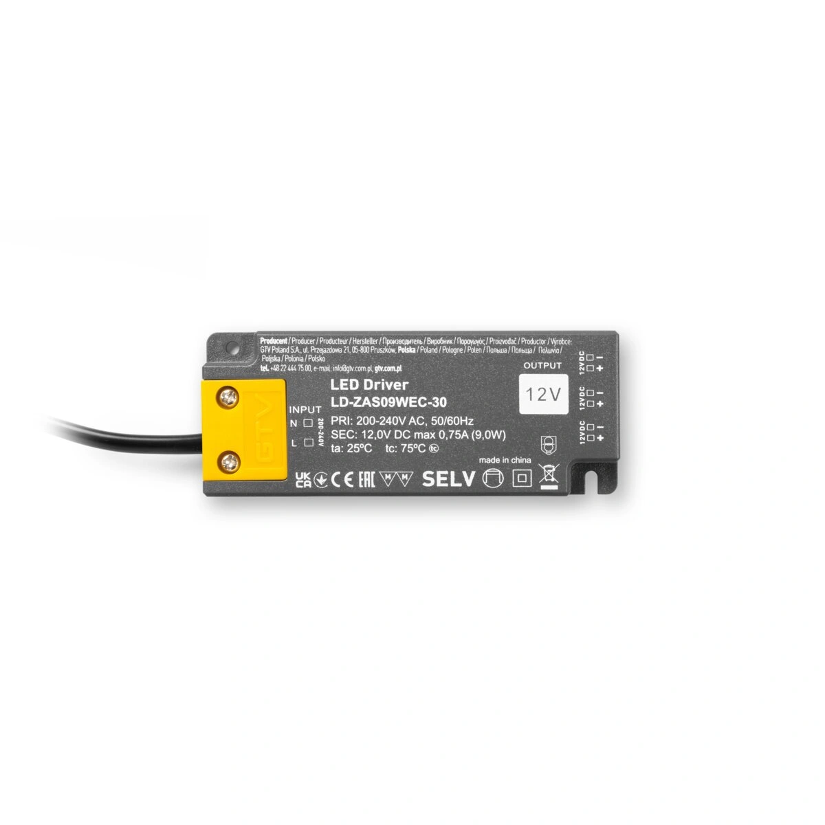 zasilacz LED 12V 9W 0,75A IP20, wym.103x41x12mm [z MINIAMP i przewodem, SLIM EASY CLICK]