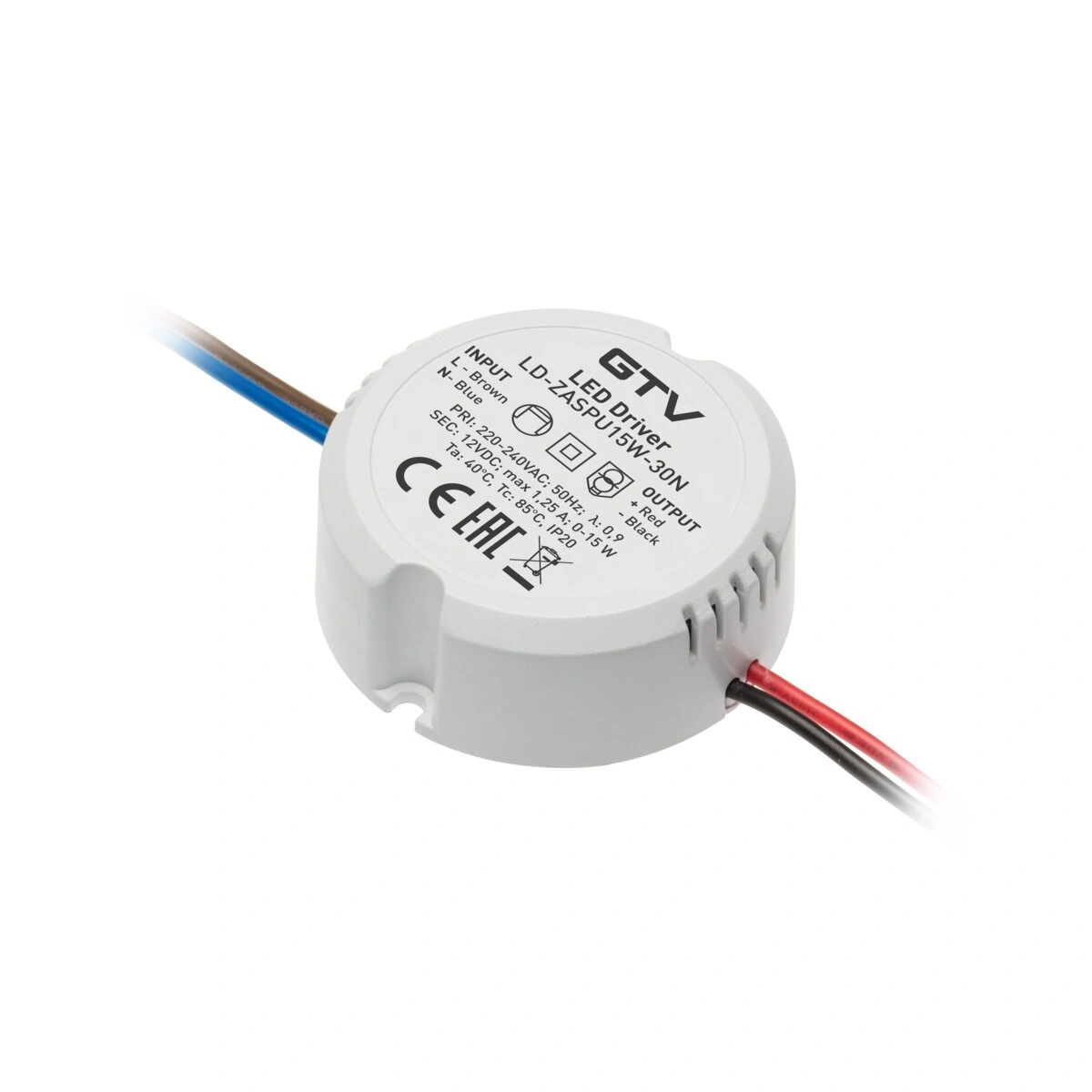 zasilacz LED 12V 15W 1,25A IP20, wym.fi55x21mm [z przewodami 1m]