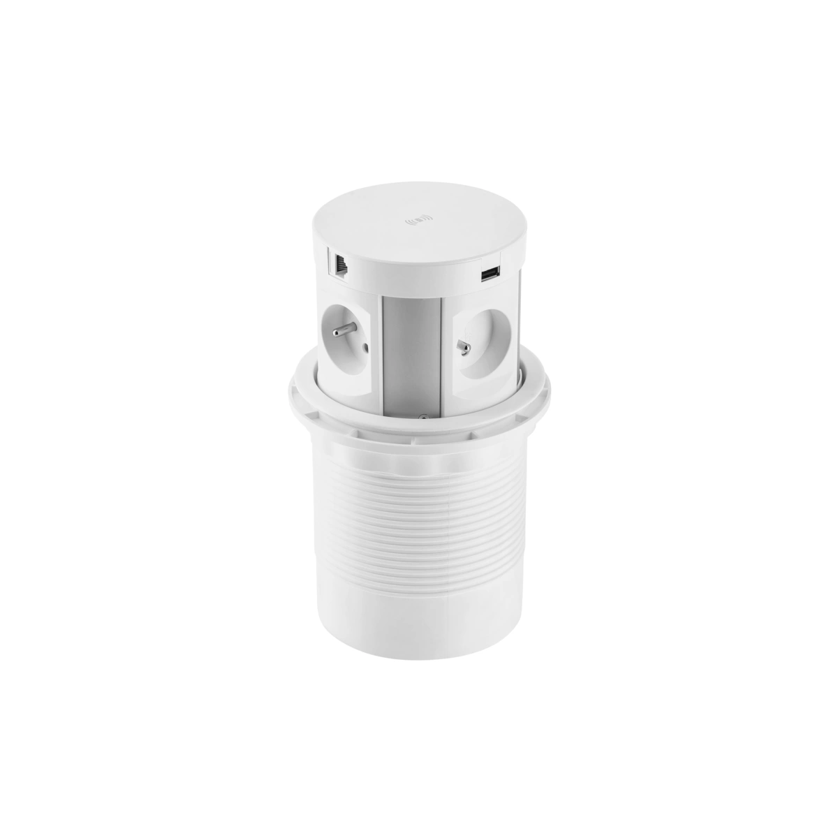 Przedłużacz biurkowy wpuszczany COMFORT PLUS 120mm 4x(2P+Z), 2xUSB. 2xRJ45, ładowarka indukcyjna 5W, IP20, biały [z przewodem z wtyczką 1,5mb]