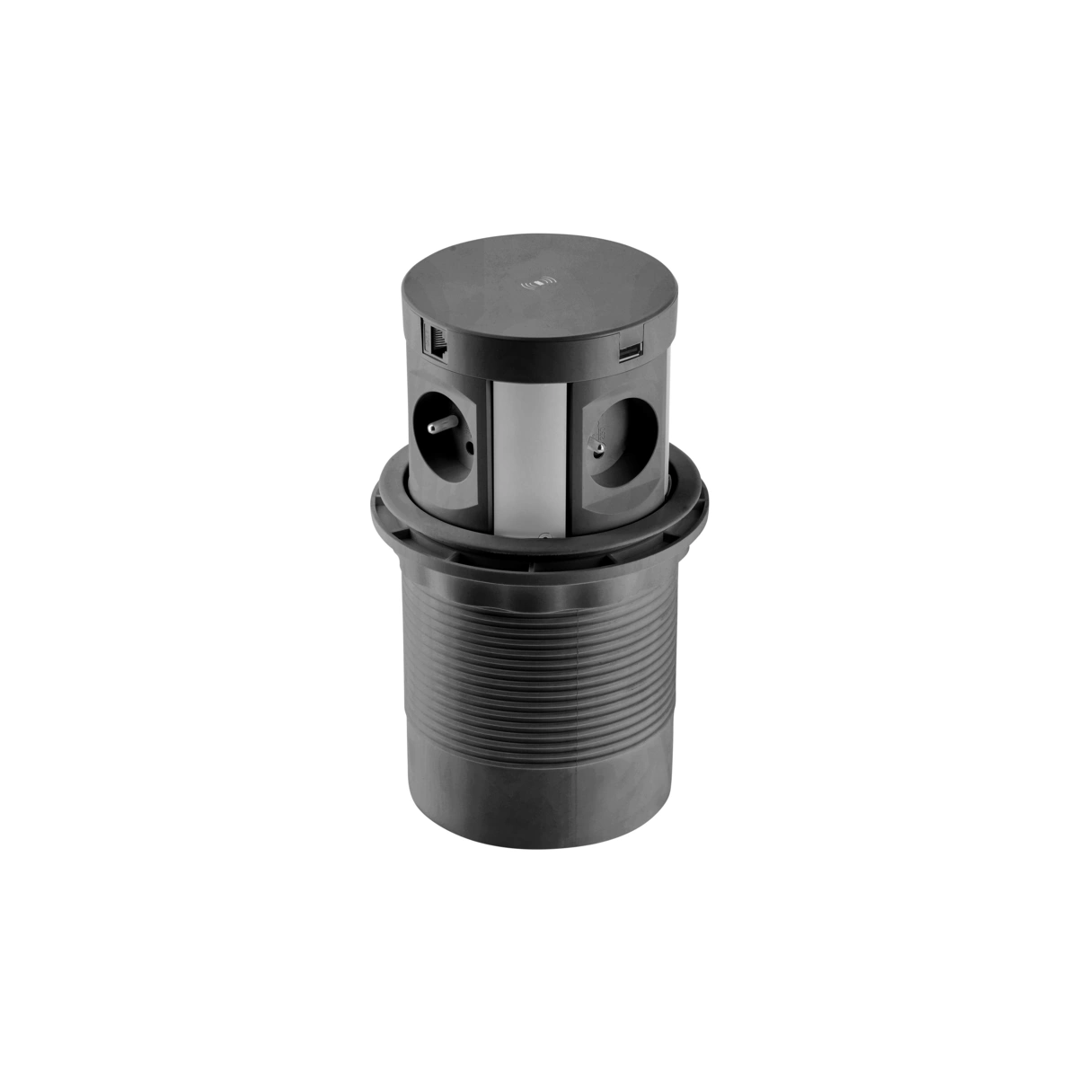 Przedłużacz biurkowy wpuszczany COMFORT PLUS 120mm 4x(2P+Z), 2xUSB. 2xRJ45, ładowarka indukcyjna 5W, IP20, czarny [z przewodem z wtyczką 1,5mb]