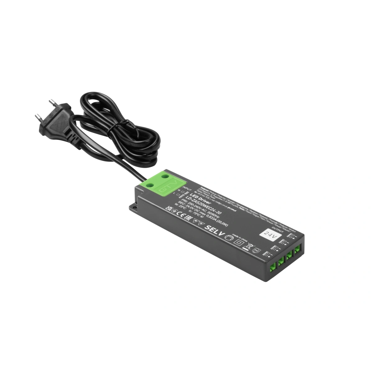 zasilacz LED SLIM EASY CLICK 20W, 24V, input 220-240VAC, IP20, wym.129x42x16mm z mini AMP i przewodem