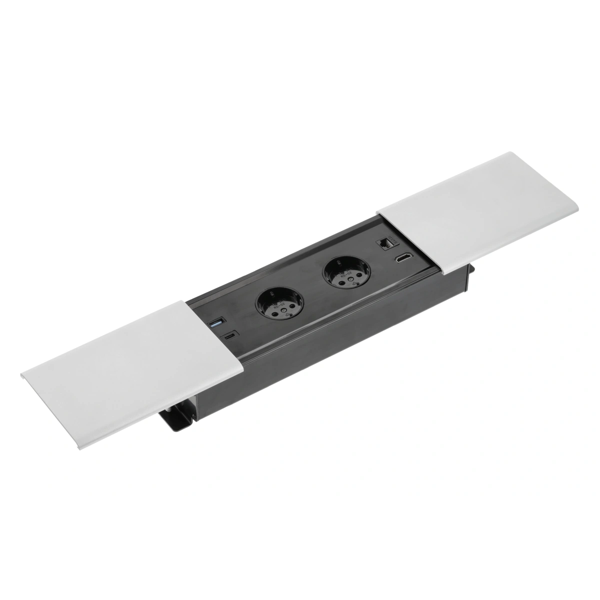 Przedłużacz biurkowy wpuszczany PRESTINO, 2xSCHUKO, USB A+C, RJ45, HDMI, srebrnyy [z przewodem z wtyczką 1,5mb]