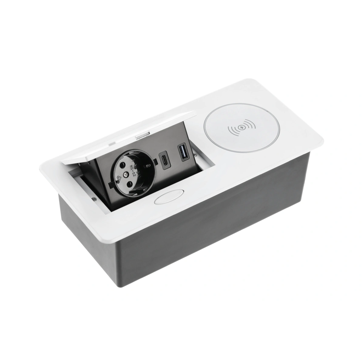 Przedłużacz biurkowy wpuszczany AVARO PLUS 1xSCHUKO, USB A+C, ładowarka indukcyjna 5W, biały [z przewodem z wtyczką 1,5mb]