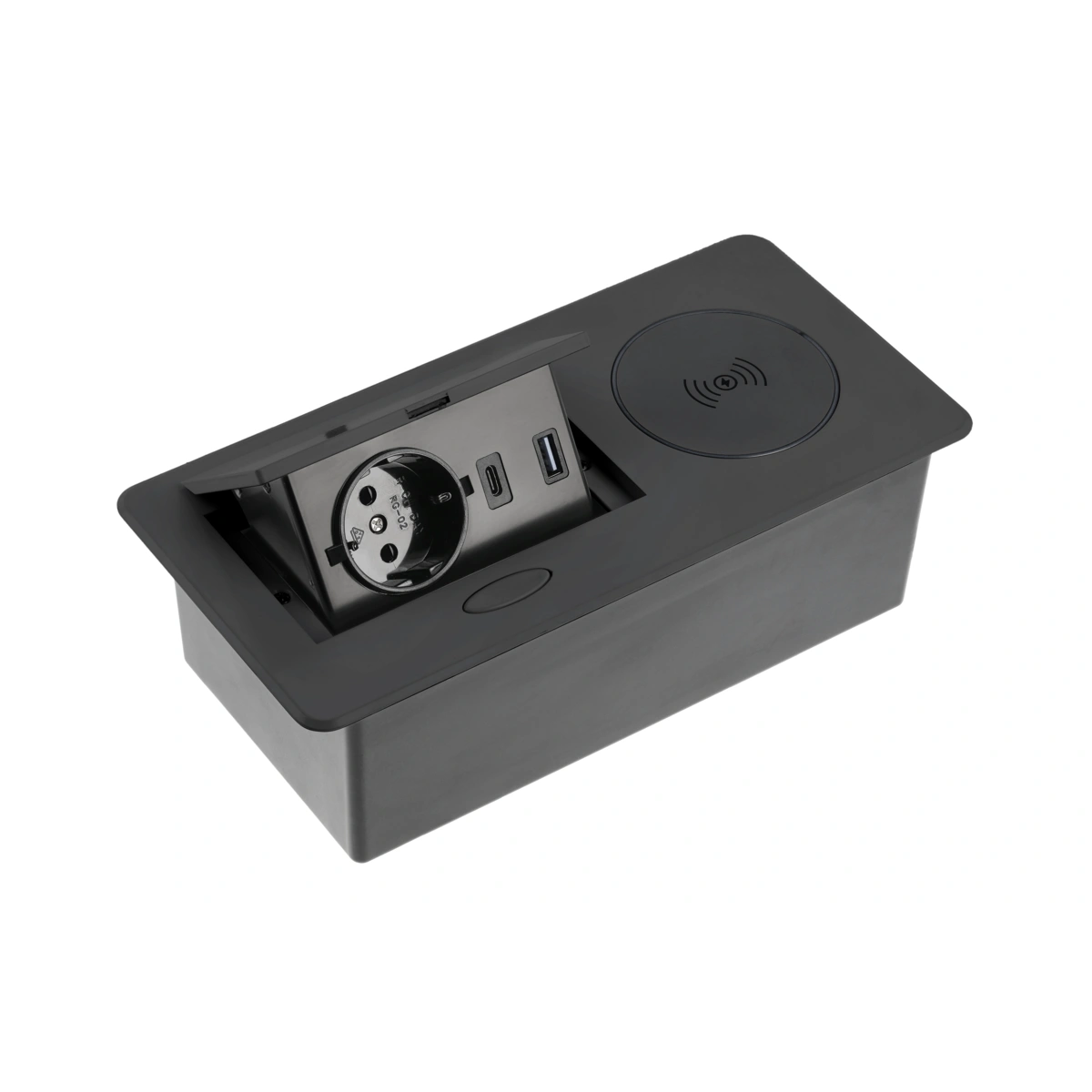 Przedłużacz biurkowy wpuszczany AVARO PLUS 1xSCHUKO, USB A+C, ładowarka indukcyjna 5W, czarny [z przewodem z wtyczką 1,5mb]