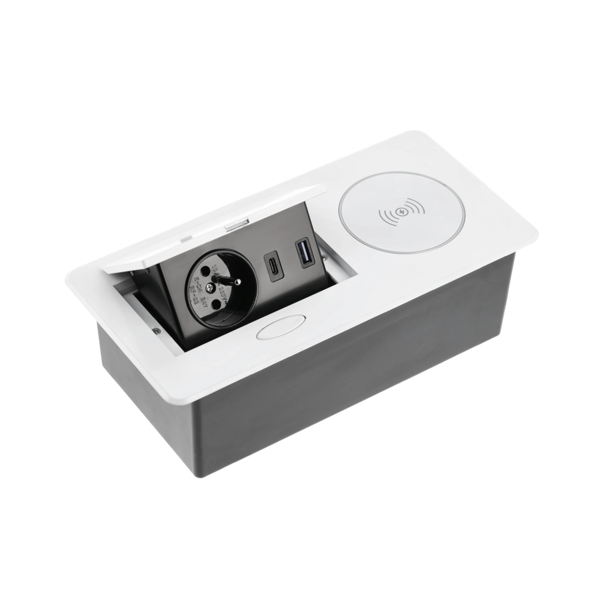 Przedłużacz biurkowy wpuszczany AVARO PLUS 1x(2P+Z), USB A+C, ładowarka indukcyjna 5W, biały [z przewodem z wtyczką 1,5mb]