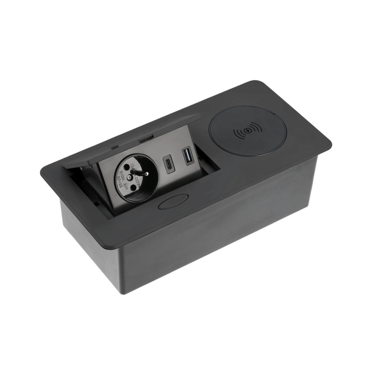 Przedłużacz biurkowy wpuszczany AVARO PLUS 1x(2P+Z), USB A+C, ładowarka indukcyjna 5W, czarny [z przewodem z wtyczką 1,5mb]