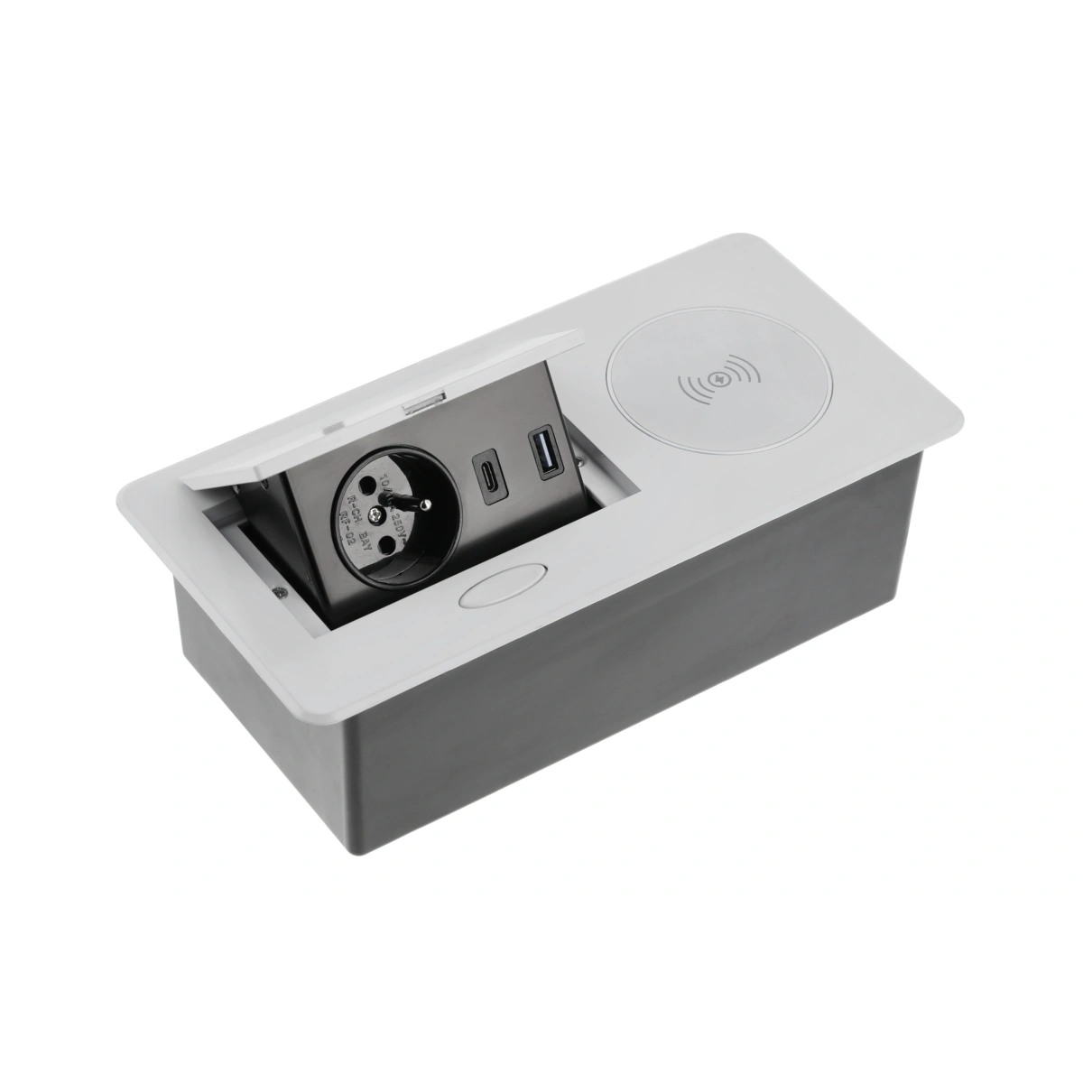 Przedłużacz biurkowy wpuszczany AVARO PLUS 1x(2P+Z), USB A+C, ładowarka indukcyjna 5W, srebrny [z przewodem z wtyczką 1,5mb]